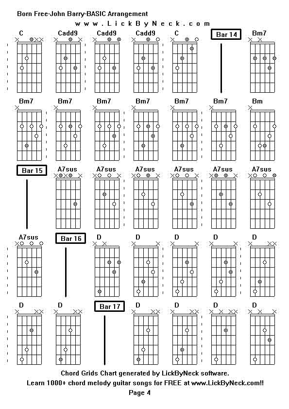 Chord Grids Chart of chord melody fingerstyle guitar song-Born Free-John Barry-BASIC Arrangement,generated by LickByNeck software.